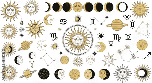Vintage celestial icons featuring sun and moon faces, zodiac signs, constellations, and mystical planetary symbols in gold and black