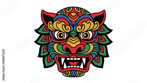 Colorful Ornate Korean Haetae Haechi Mythical Creature Mask Illustration, Traditional Folklore Protector, isolated white background