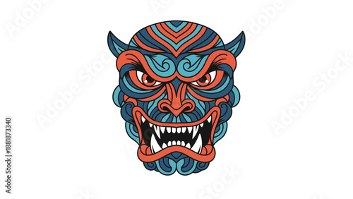 Colorful Angry Japanese Oni Mask Illustration, Traditional Folklore Demon, isolated white background