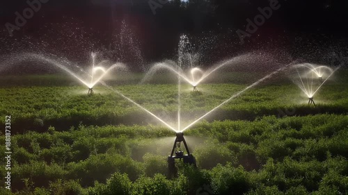 Automated Irrigation System Sprinklers Watering a Lush Green Farm Field at Night.