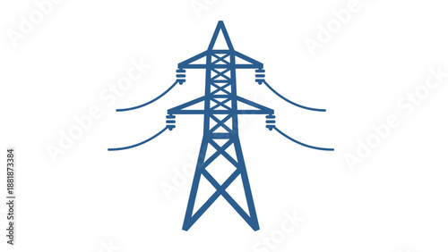 Blue Electric Power Transmission Tower Icon, Energy Infrastructure, isolated white background
