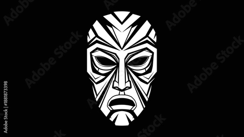 Abstract black and white tribal mask with intricate patterns on a black background.