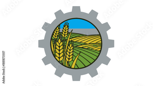 Agricultural industry concept with gear and wheat field, isolated white background.