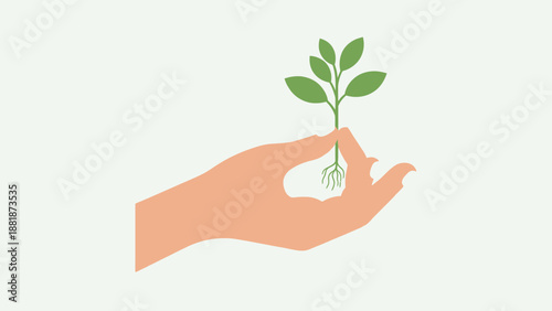 Caring Human Hand Gently Holding a Small Green Plant with Roots, symbolizing nature conservation, growth, and environmental care, isolated white background.
