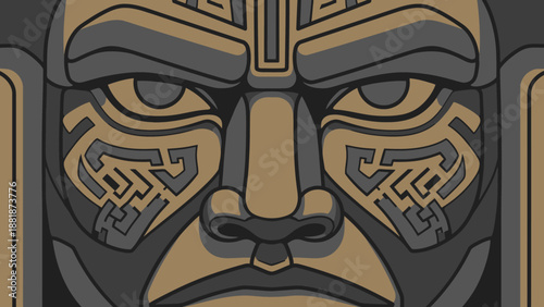 Ancient Stone Carved Face with Intricate Patterns and Mayan Aztec Inspired Art on Brown Background
