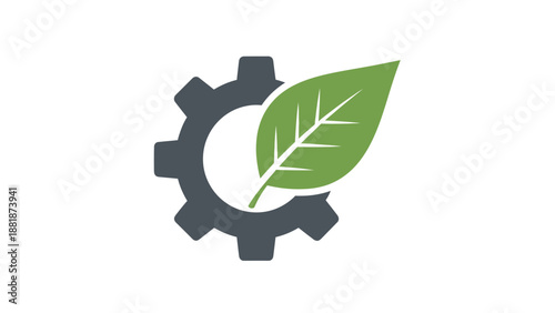 Eco-Friendly Engineering Concept with Dark Gray Gear and Green Leaf on Isolated White Background