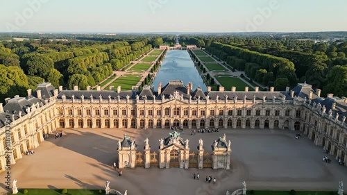 Chateau exteriors and formal gardens viewed from above at the palace of versailles