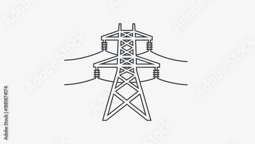 Minimalist Outline Drawing of Electricity Transmission Pylon Tower on Isolated White Background