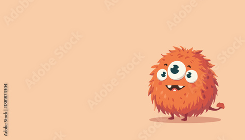 Cute fluffy orange monster with three big eyes smiling happily, playful cartoon character in flat vector style, isolated on soft pastel background for kids design fun.