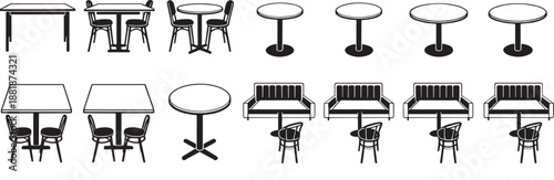 A collection of meticulously crafted dining sets featuring an array of table designs, each complemented by a variety of chair styles.