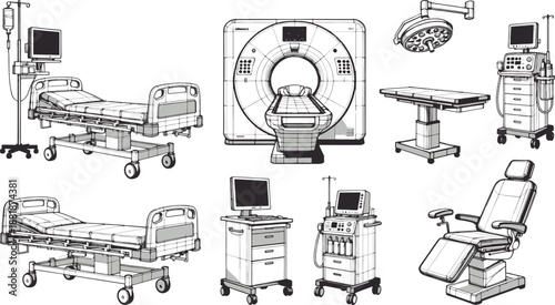 A detailed sketch of various medical equipment, showcasing the tools and instruments utilized in healthcare settings.