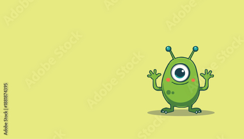 Cute green one-eyed alien monster waving happily, playful cartoon character with antennae in flat vector style, isolated on soft pastel background for kids design fun.