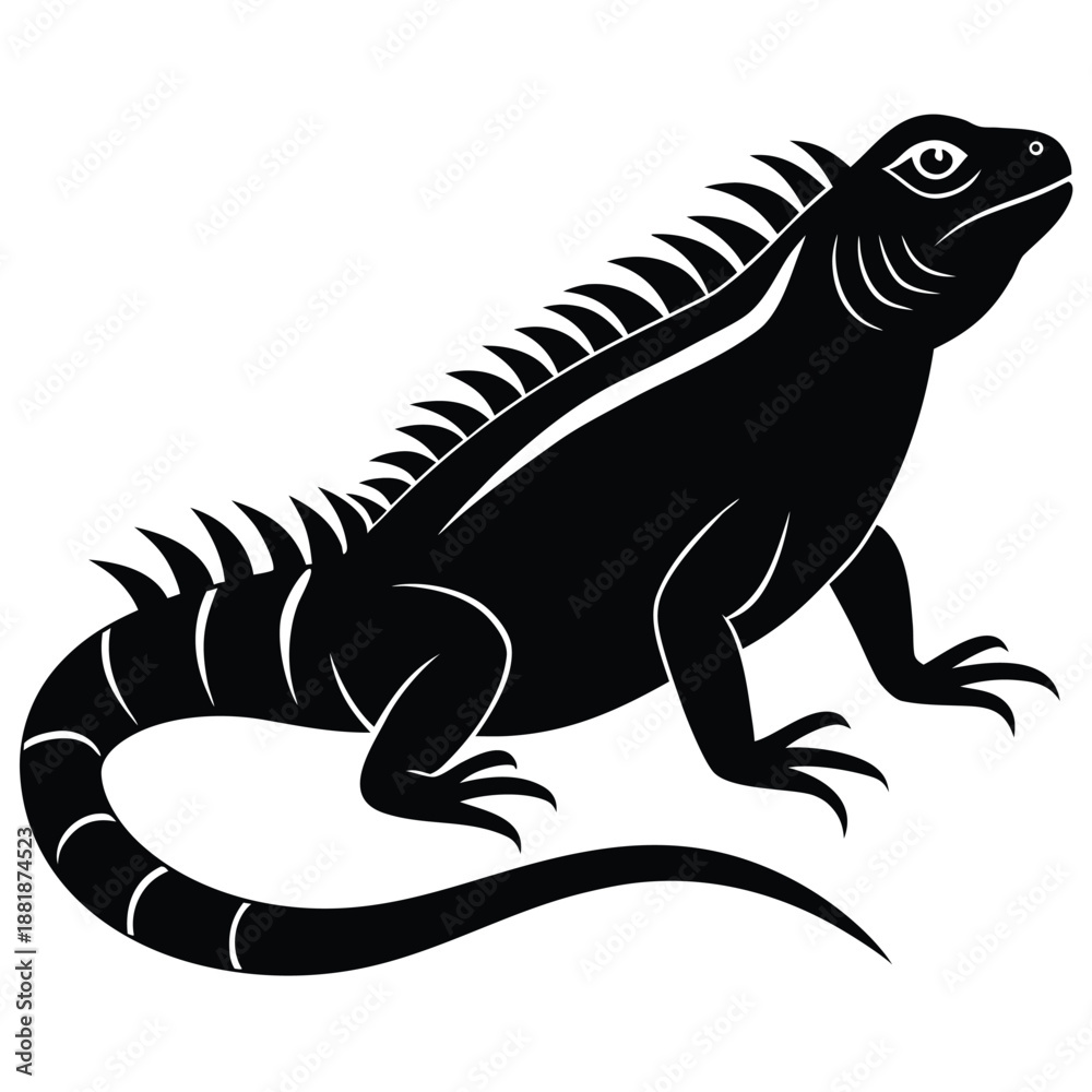 Fototapeta premium Intricate black and white stylized lizard silhouette with detailed scales and sharp claws on a white background
