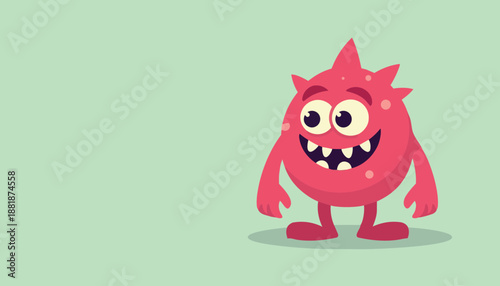 Cute pink cartoon monster character smiling happily on mint background, playful friendly creature with big eyes and tiny horns, flat vector illustration for kids design, games apps.