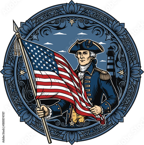 Patriotic circular emblem featuring George Washington holding American flag with lighthouse, vintage revolutionary war vector for Independence Day, national pride, and history.