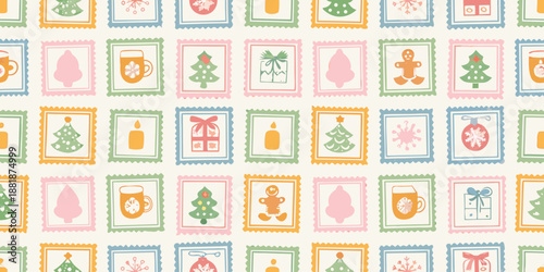 Festive christmas postage stamps pattern with holiday icons and seasonal elements