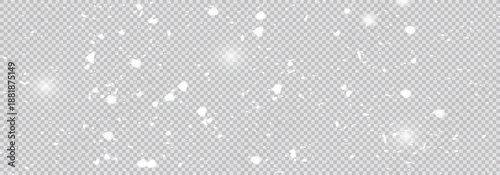 Winter snow overlay with falling snowflakes on gray transparent background - realistic white flake particles floating down