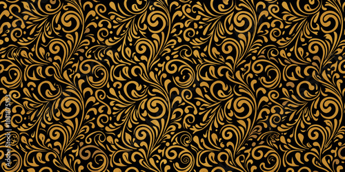 Intricate golden floral pattern against a dark solid black background