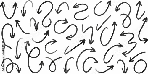 Collection of hand drawn black arrows pointing in various directions on white background