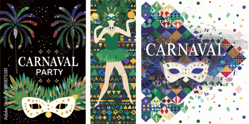 Colorful carnival themed backgrounds with masks palm trees and confetti designs