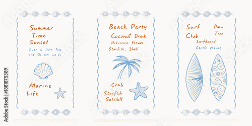 Stylized summer beach icons surfboards palm trees and marine life sketches