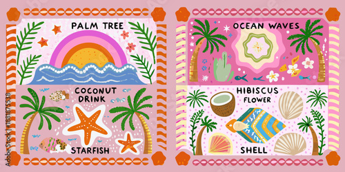 Tropical paradise illustrations palm trees hibiscus ocean waves and seaside elements