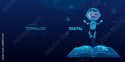 A futuristic robot reading from an open book in a digital world