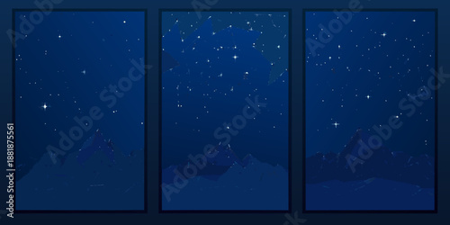 Three dark blue panels depicting a starry night sky over mountains