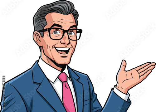 Professional businessman in suit wearing glasses smiling and gesturing, corporate presentation character illustration, retro comic book style male office worker, vector,