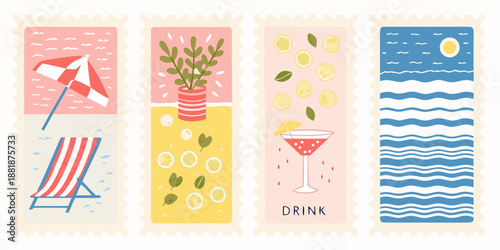 A series of illustrated postage stamps depicting summer vacation themes