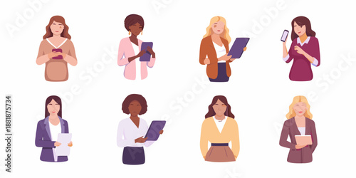 Diverse group of women using digital devices and holding paperwork