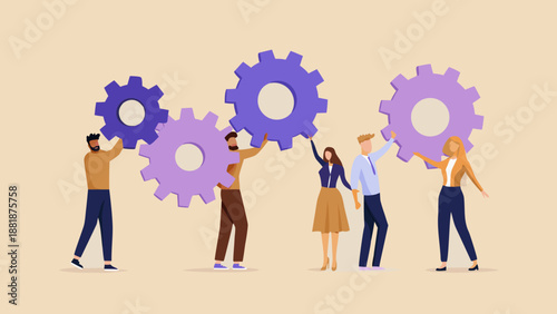 Teamwork concept with people connecting purple gear mechanisms together