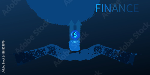 Hands supporting a money cylinder with the word finance above