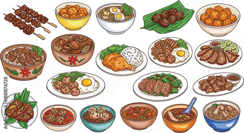 Asian Meat Dishes Collection Vector Illustration Set Featuring Noodles Rice Soups Grilled Foods And Traditional Cuisine