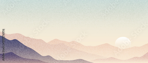Minimalistic landscape, sunset in the mountains, ridges in the evening light and fog, noisy texture, vector illustration