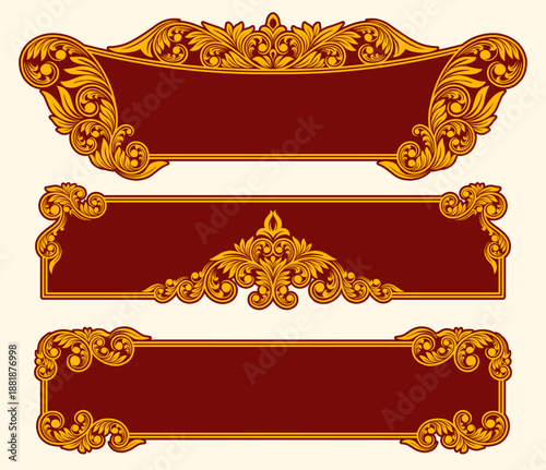 Ornate Golden and Maroon Decorative Frames and Banners Set