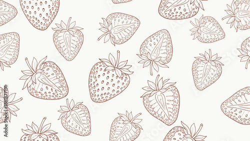 Seamless background pattern of hand-drawn strawberries, including whole fruits and cross-sections, in a brown line art style.