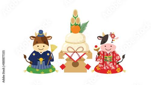 Cute cartoon illustration of a male and female cow in traditional Japanese kimono for the Year of the Ox with kagami mochi.