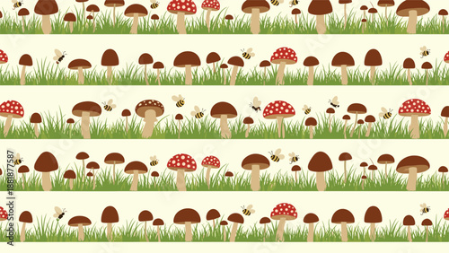 Seamless horizontal border pattern with various wild mushrooms, including fly agaric, and buzzing bees in green grass stripes.