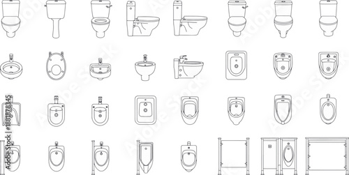 A comprehensive collection of diverse bathroom fixtures, precisely illustrated with meticulous lines, highlighting various designs and configurations of toilets, bidets, and sinks.