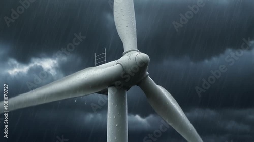 White wind turbine blades covered in water droplets during a heavy rainstorm with dark dramatic clouds and streaks of rain creating a moody atmospheric scene for renewable energy concepts and