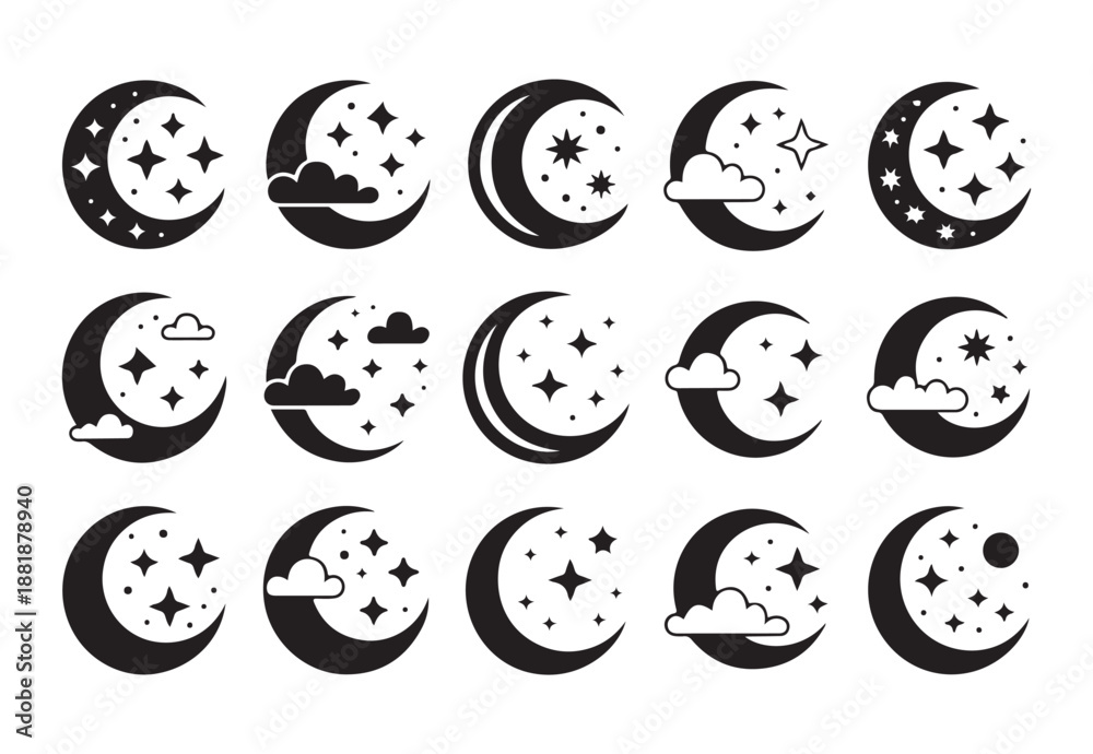 Fototapeta premium Celestial moon and stars icon set with clouds in monochrome style for mystical night sky decoration