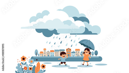 Happy children, a boy and a girl with an umbrella, joyfully jumping and splashing in puddles on a rainy day in a small town.