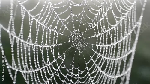 Gentle Movement A delicate shot of the spiderweb with fog beads, subtly swaying with a barely perceptible breeze, causing the beads to jiggle or shift slightly.