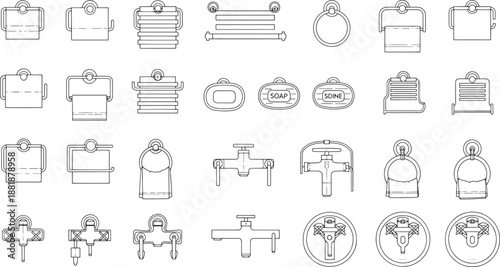 Detailed line drawing showcasing a wide array of bathroom accessories, offering a comprehensive view of fixtures and fittings for bathroom design and interior.