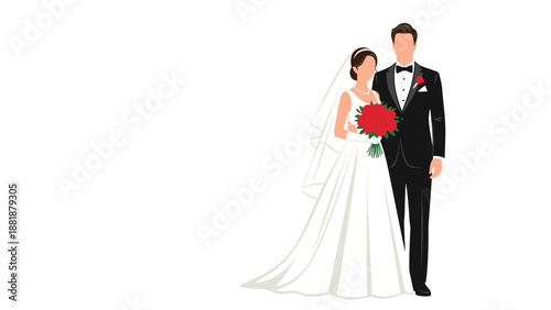 Elegant illustration of a bride in a white wedding dress holding a red rose bouquet, standing next to her groom in a tuxedo.