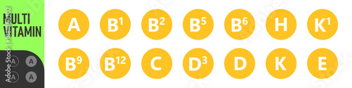 Set of Multi Vitamin complex icons. Multivitamin supplement. Vitamin A, B group B1, B2, B3, B5, B6, B9, B12, C, D, D3, E, K, H, K1, PP. Essential vitamin complex. Healthy life concept