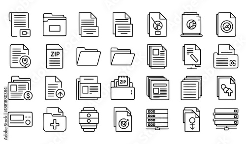 Thick outline file management icon set vector illustration