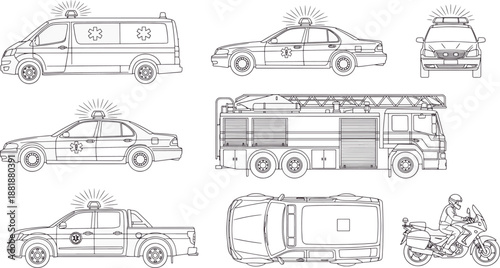 A comprehensive collection of line art illustrations featuring an ambulance, fire truck, police car, and motorcycle. Capturing the essence of emergency services.