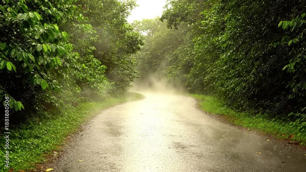 custom made wallpaper toronto digitalPost-Monsoon Atmospheric Haze High angle or drone shot looking down at a landscape partially obscured by a soft, warm steam haze, emphasizing the vastness and the atmospheric effect over a wet